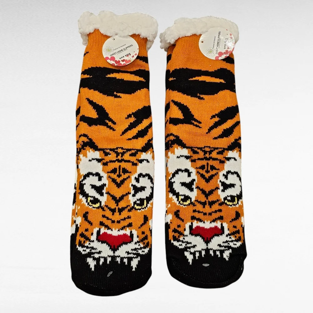 Tiger Sherpa Lined Slipper Socks Non Skid One Size Mens